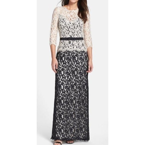 Tadashi Shoji Long Sleeve Maxi Dress 16 Blue Ivory Formal Cruise Wedding Party - Picture 1 of 11